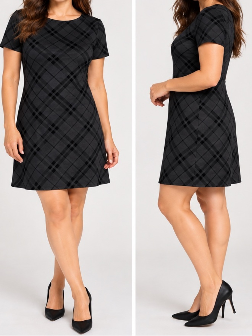 Suzy Shier Black Plaid Short Sleeve A-Line Dress